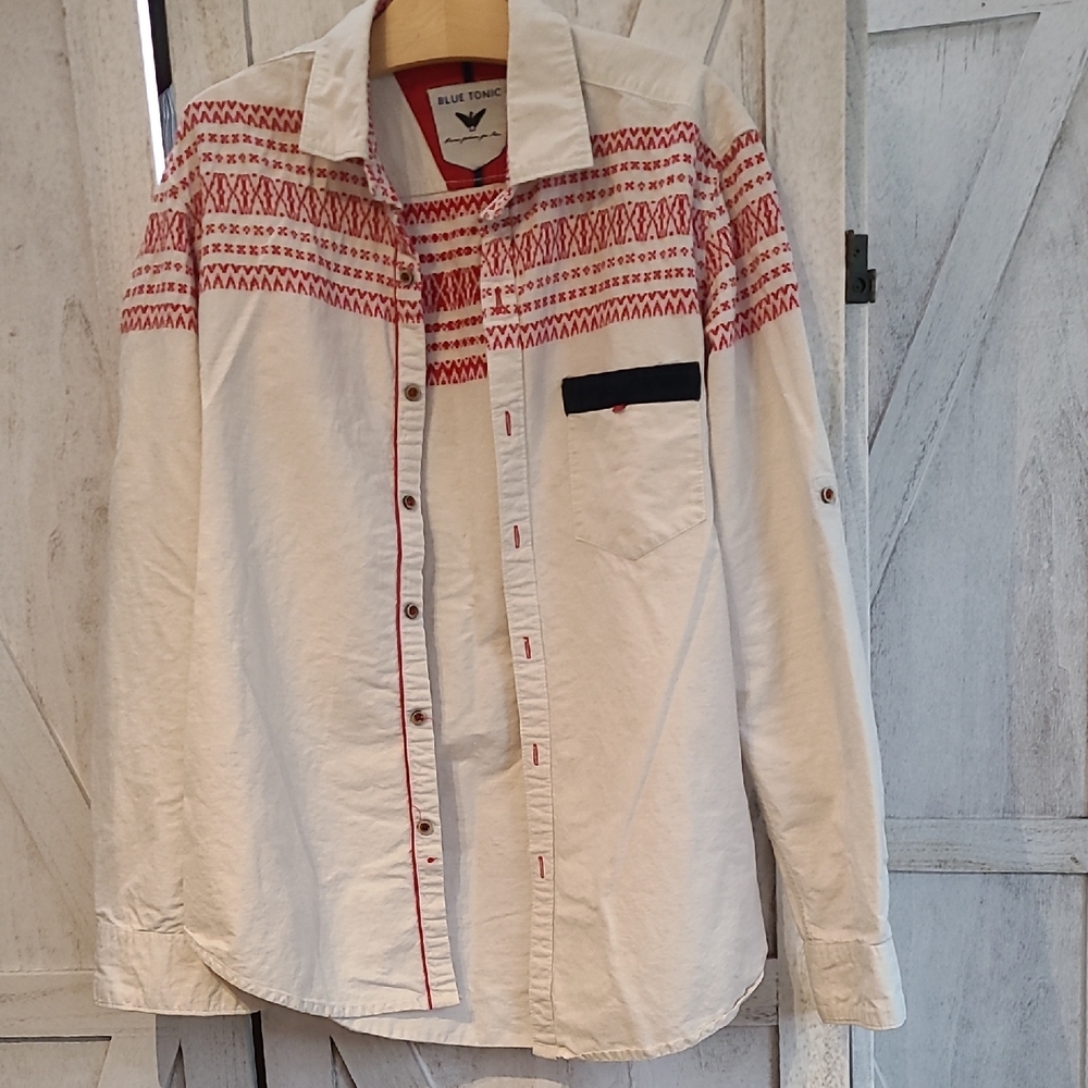 Red and White Button-Up Shirt